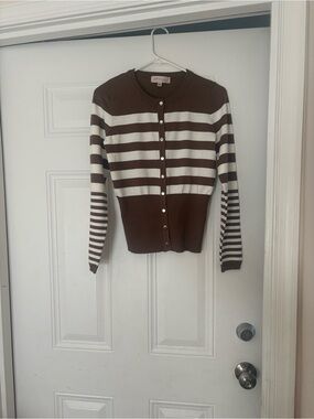 Philosophy Brown and White Striped Button-Up Cardigan